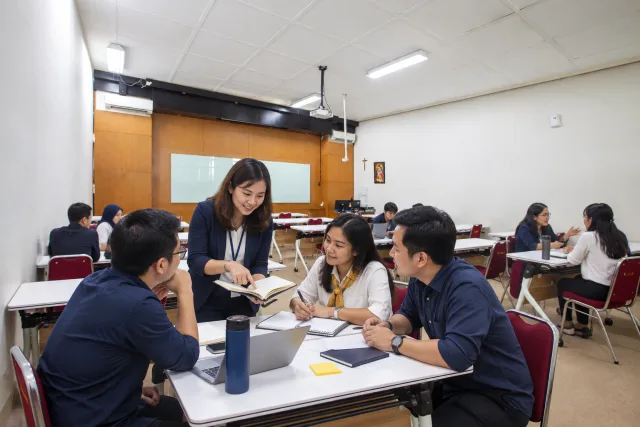 Ilustrasi praktisi dan peserta berdiskusi dalam kelas bisnis