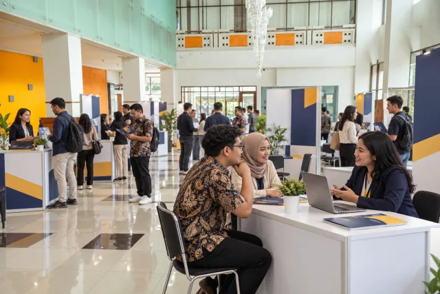 Ilustrasi konsultasi layanan usaha di booth pameran